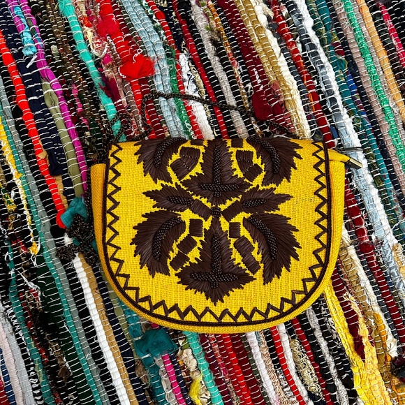 Vintage Embroidered Yellow & Brown Boho Bag - Picture 1 of 9